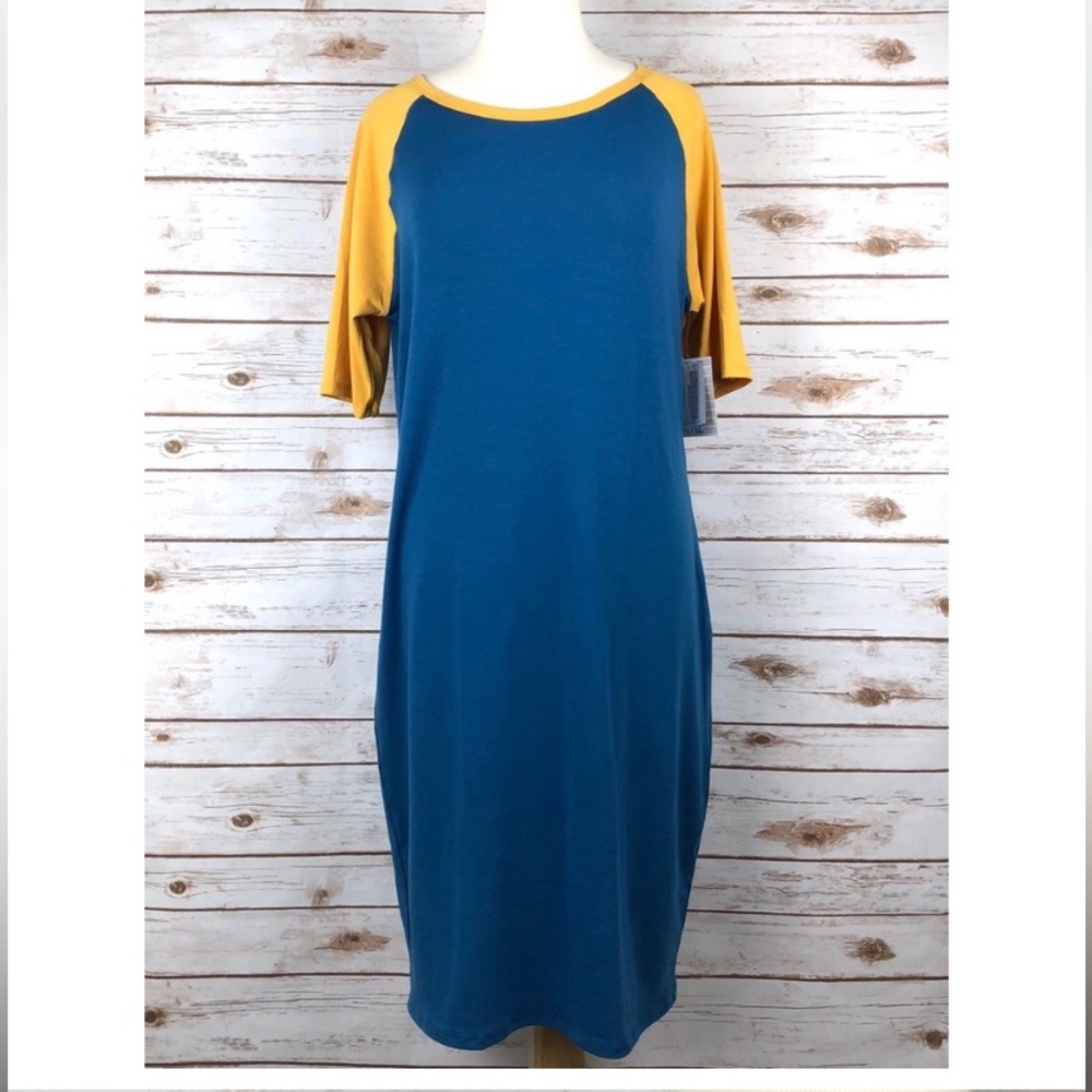 NWT LuLaRoe Blue & Yellow Raglan Knit Julia Dress